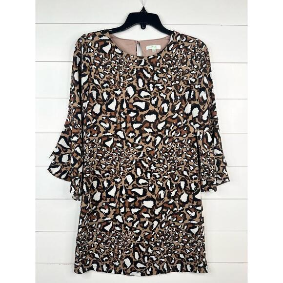 JADE Leopard Animal Print Shift Dress 3/4 Bell Sleeves Keyhole Back Size XS - Picture 2 of 13